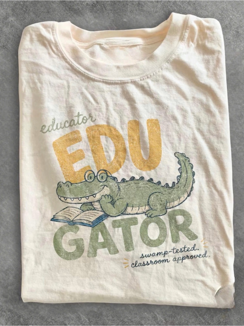 Gildan Cream 'EDU GATOR' Graphic Tee with Green Alligator and Yellow Lettering